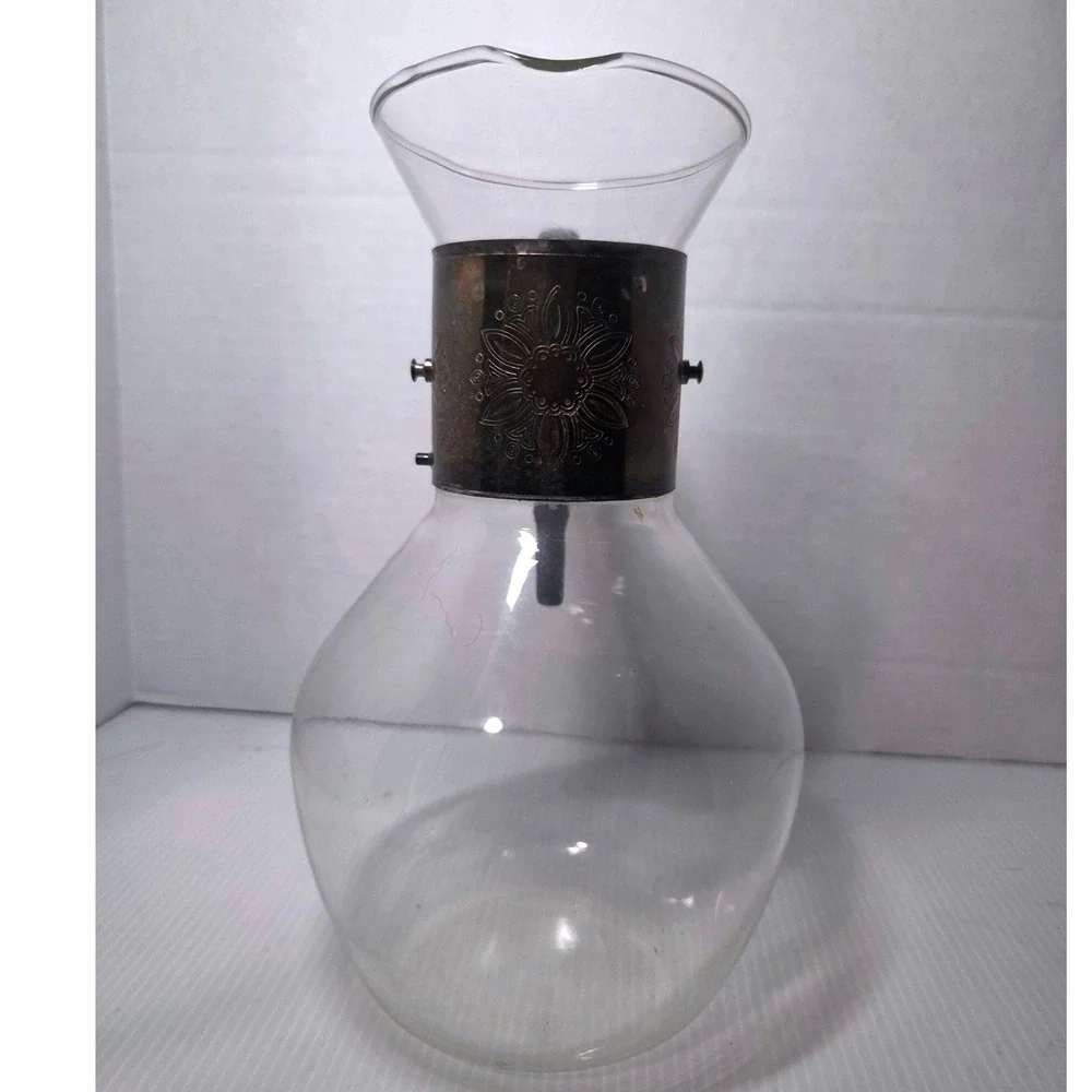 Vintage Glass Carafe Silver Plated Collar Black Plastic Handle Floral Motif